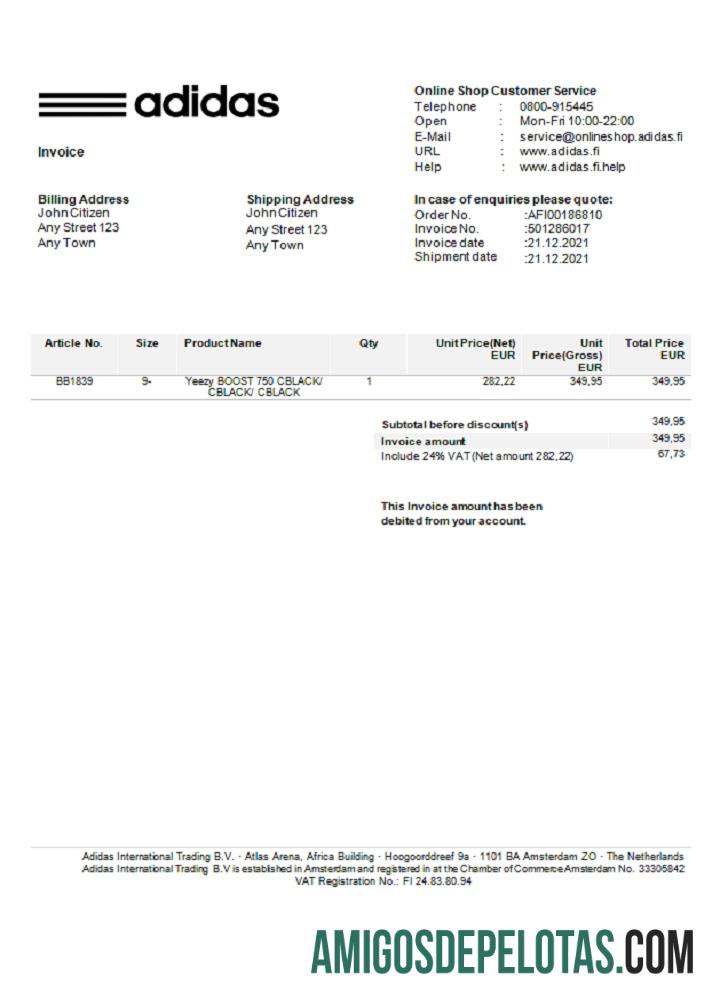 Fatura Adidas dos EUA modelo